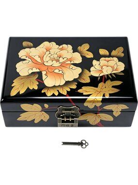 Elegant Handcrafted Antique Lacquer Jewelry Organizer with Mirror & Multi-Layer